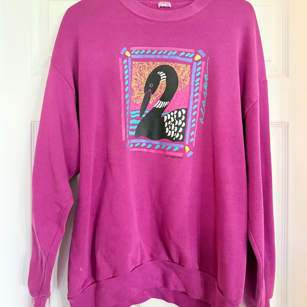 Vintage 80’s Laurel Burch Art Crewneck - Alaskan Loon Design in Magenta